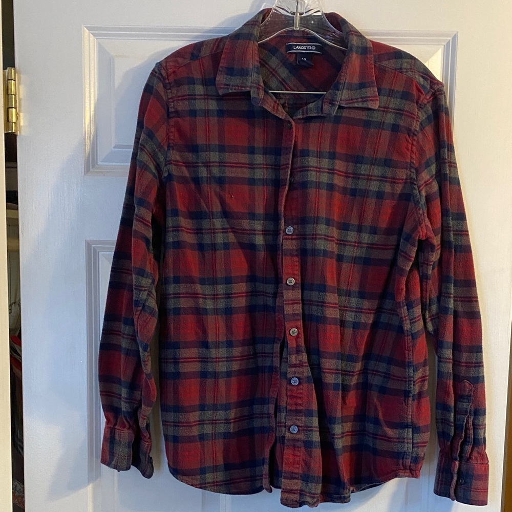 Lands' End Women’s flannel Casual Red and Blue Plaid Shirt